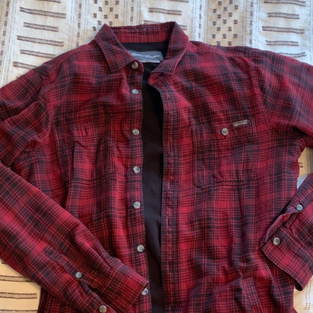 Eddie Bauer Mens fleece lined flannel - Red and Black Plaid Flannel